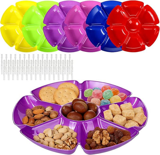 12 Pack Divided Serving Tray 7 Section Chip and Dip Platter Veggie Fruit Trays for Serving for Party with 100 Forks for Fruits, Veggies, Candy, Snack, Dessert, 12 inch