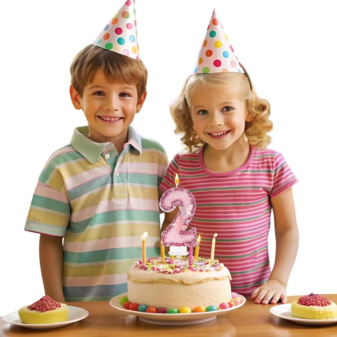 2nd Birthday Candles，Glitter Butterfly Cake Toppers Pink Sequins Wedding Numeral Cupcake Decorations，Suitable for Girl and boy Wedding Cakes, Party Celebrations, Birthday Decorations