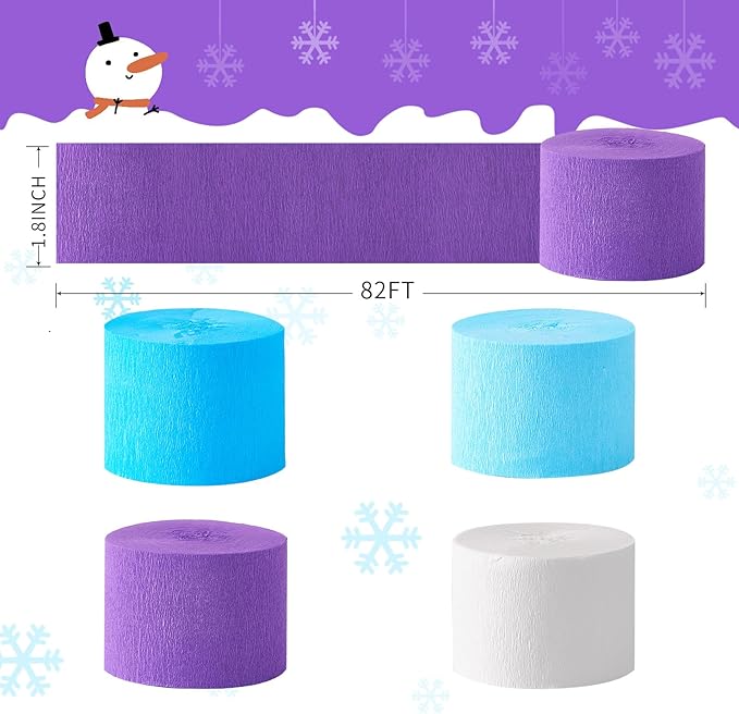 Frozen Birthday Party Decorations, 8 Rolls Purple Blue White Crepe Paper Streamers for Winter Princess Christmas Holidays Party DecorationWhite