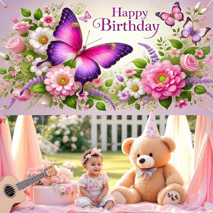 Happy Birthday Banner Elegant Butterfly and Floral Garden Design Soft Pastel Color Wall Hanging for Birthday Party Celebration Home Decoration 70.87 x 43.31 Inch