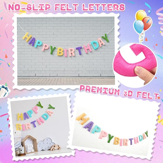 Mindsoft Pre Strung 3 Pcs Happy Birthday Banner Felt Ball Garland Multicolor Triangle Banner Reusable Bulk Rainbow Birthday Decorations for Girls Boys Women Men