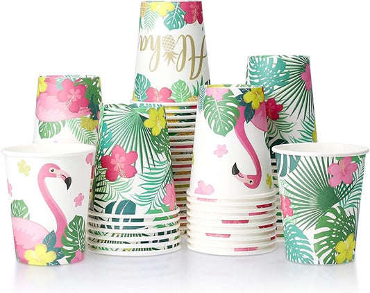 Hoolerry 60 Pieces Luau Cups Aloha Party Disposable Paper Cups Hawaii Aloha Party Decorations Tropical Luau 9 oz Summer Tiki Pool Beach Supplies for Adults Kids