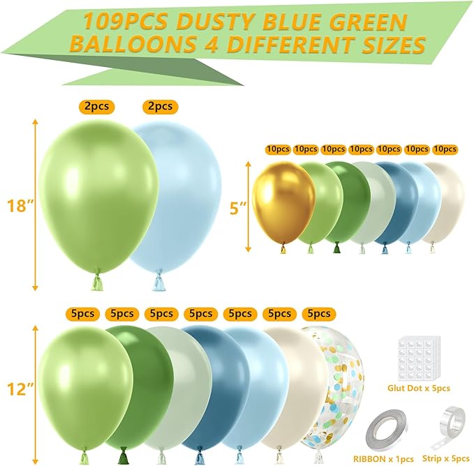 YAOWKY Dusty Blue and Green Balloons Garland Arch Kit,109pcs 18 12 5 Inch Green and Blue Confetti Latex Balloons for Baby Shower, Graduation, Wedding, Bridal Shower, Birthday Party Decorations