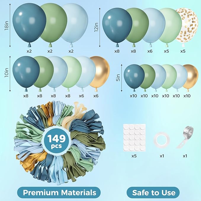 Ouddy Party 149Pcs Dusty Blue Green Pastel Blue Gold Balloon Garland Kit Different Sizes 18 12 10 5Inch, 6Pcs 18”Metallic Gold Confetti Balloons for Baby Shower Wedding Birthday Boho Party Decorations