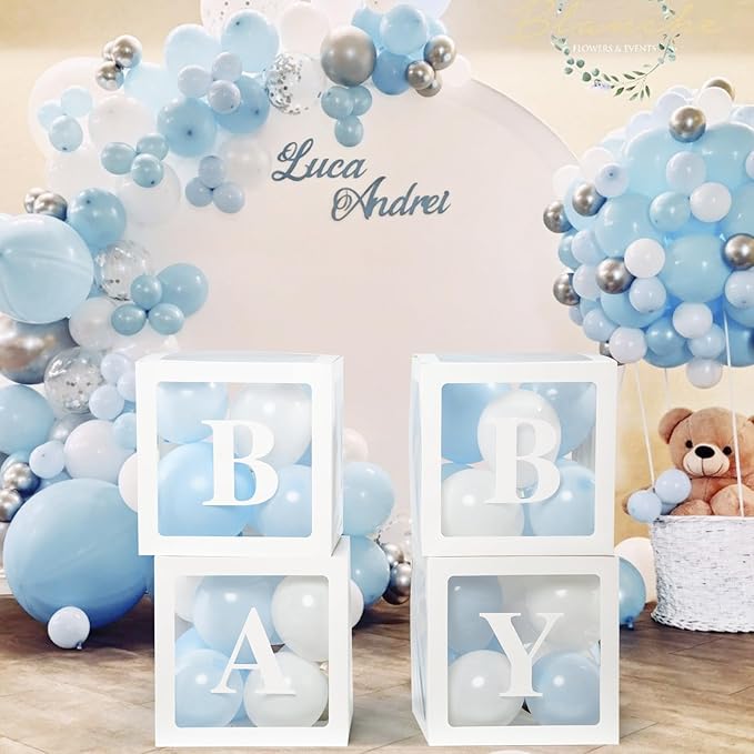 Voircoloria Baby Shower Decorations, 4pcs Transparent Balloon Boxes with Letters, Blue & White, Includes 36 Balloons & Adhesive Dots