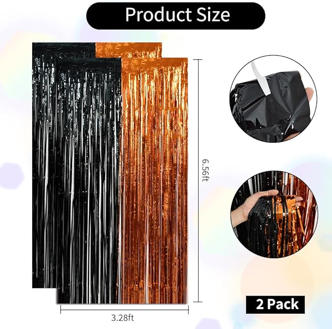 BEISHIDA 4 Pcs Black and Orange Party Streamers Fringe Foil Curtain Backdrop Tinsel Background Halloween Party Decorations for Door Wall Graduation Birthday Anniversary Halloween Party Decoration