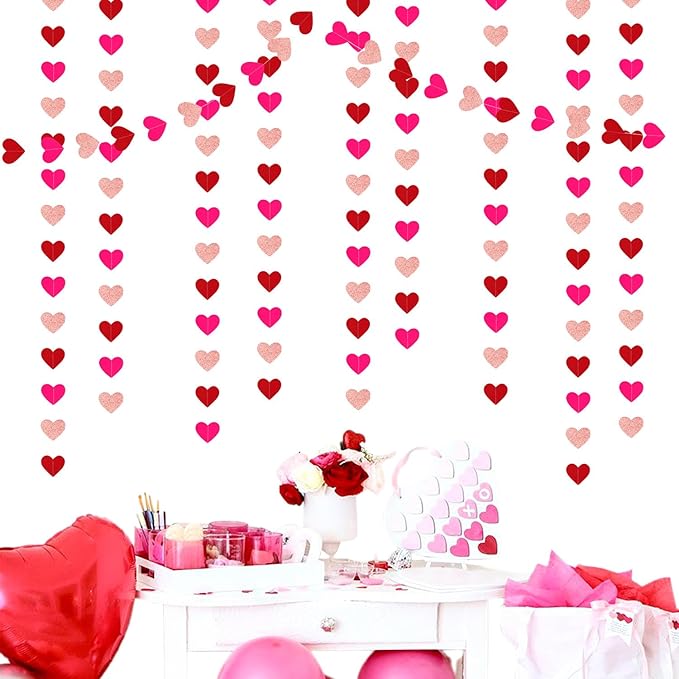 Rose-Gold Red Valentines Party-Decorations Heart-Garland - 52ft Galentines Glitter Streamers Banner,Women Romantic Special Night Wedding Bachelorette Bridal Shower Birthday Backdrop Decor Burgleda