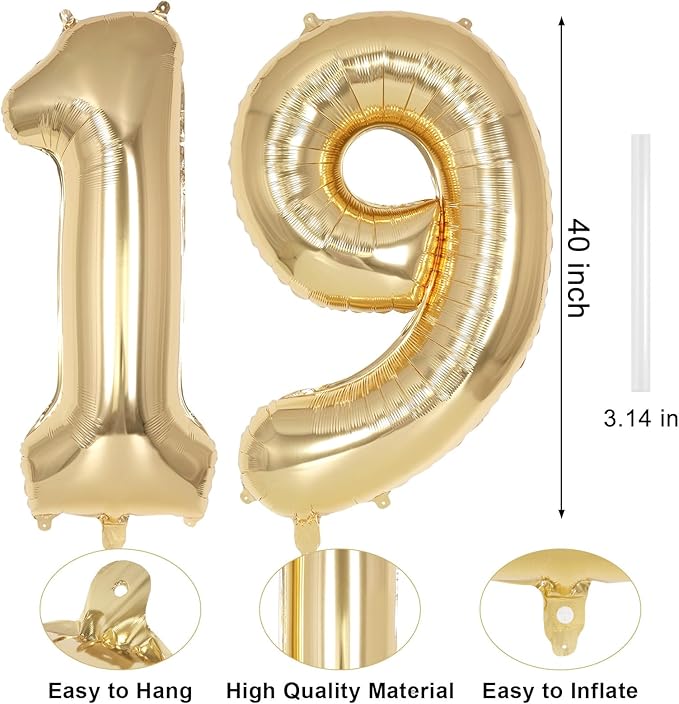 Champagne Gold Large Number 19 Balloon, 40 Inch Light Gold Foil Helium Number Balloons, Giant Mylar Number 19 Balloons for 19 Years Old Birthday Party Anniversary Decorations (Champagne Gold 19)