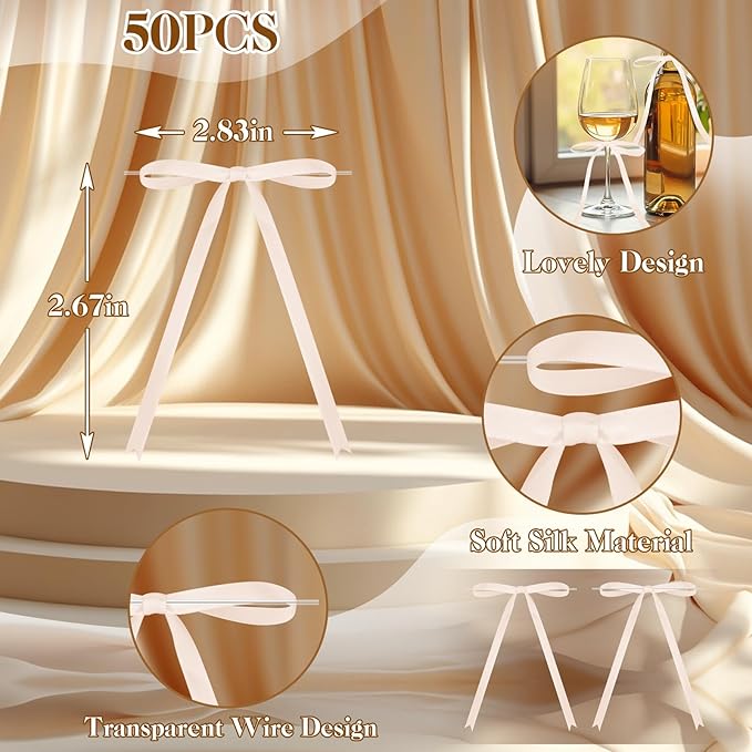Satin Ribbon Bows 5x7 Inch Twist Tie Bows, Cute Champagne Bow Decor for Gift Wrapping, Cake Treat Bags, Craft DIY Gift, Party Favors Wedding Decorations (50 Pcs Set - Champagne)