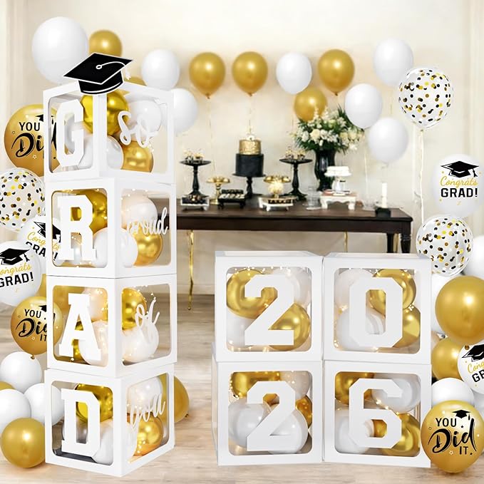 2026 Graduation Decorations - White Balloon Boxes with Letters 2026 Grad & So Proud of You and White Gold Print Balloons, Graduation Party Decorations Class of 2026 for Any Grades(White)