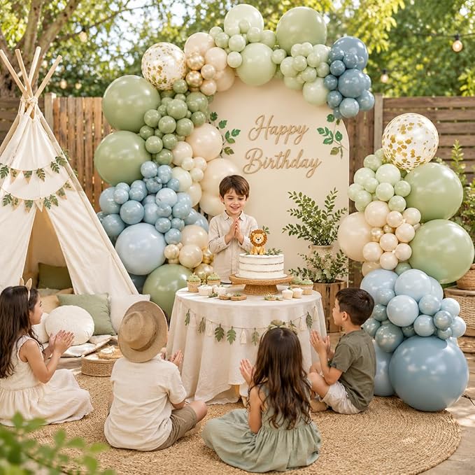 Jobkoo 122Pcs Dusty Blue Sage Green Balloon Garland Kit, Dino Green Slate Blue Beige Metallic Gold Confetti Balloon Arch Kit for Boho Birthday Woodland Safari Baby Shower Party Decorations