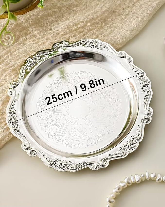 Round Decorative Tray 9.8in Metal Dessert Plates Vintage Coffee Table Tray for Snacks Fruit Silver