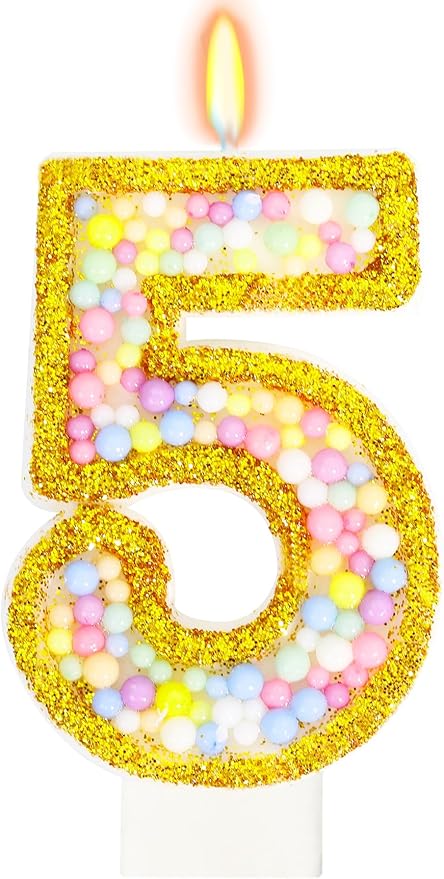 5th Birthday Candle for Cake, Colorful Macaron Numeral Candles for Girls/Boys, Sponge Birthday Party Cake Decorations, Golden Cake Topper(Number 5)