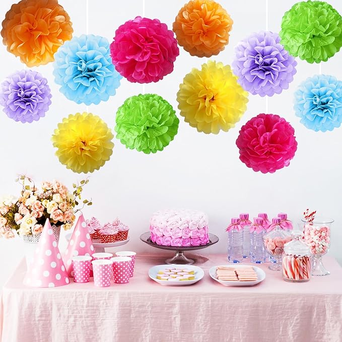 12 Pcs Tissue Paper Pom Poms Flowers for Birthday Party Mexican Party Fiesta Classroom Playroom Festive Decorations