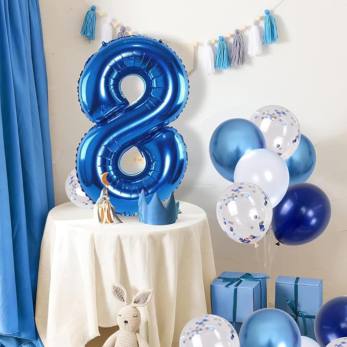 Giant Number Foil Balloon 8, Dark Blue Self Inflating 8th Birthday Balloon for Boys, 40'' 8 Balloon Light Navy Blue with Metallic Blue Silver Confetti Balloon for Anniversary Party Decoration Supplies