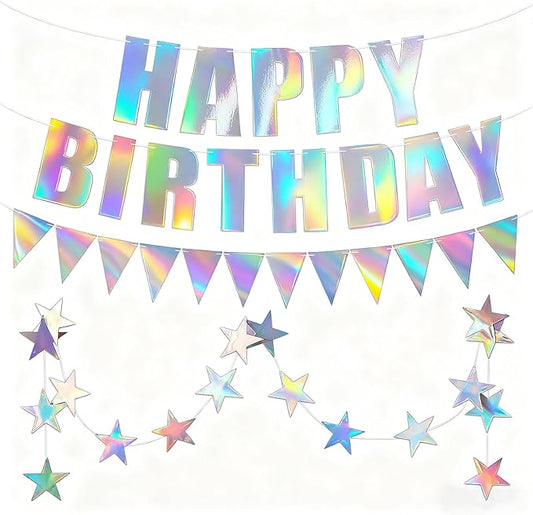 Iridescent Happy Birthday Banner Iridescent Birthday Decoration Shiny Holographic Birthday Banner Rainbow Holographic Pennant Flag 6.56FT Star Bunting Garland Iridescent Party Supplies for Girls Women