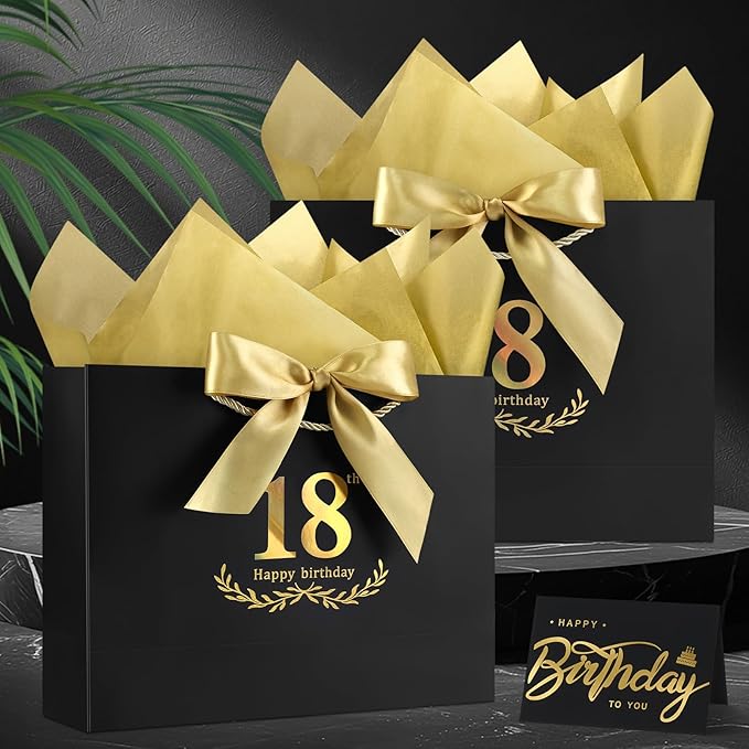 JMANNI Black Gold 18th Birthday Gift Bag with Card and Tissue Paper, 12.6"×9.84"×3.9" Elegant Present Bag for Adults, 18 Year Old Birthday Keepsake Party Supplies