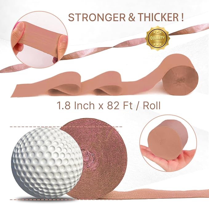 PartyWoo Pink and Gold Crepe Paper Streamers 8pcs 656ft Pack of Baby Dusty Pink Gold Ivory White Crepe Paper Streamers for Birthday Baby Shower Graduation Wedding Bachelorette Party Decorations