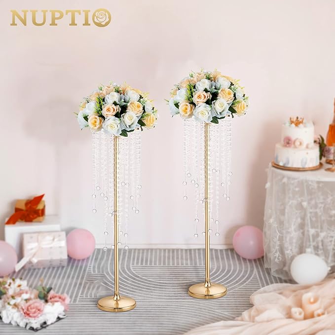 NUPTIO Gold Vase Wedding Centerpieces: 2 Pcs 29.5in Tall Crystal Flower Stand for Tables Elegant Metal Flowers Arrangement Vases for Weddings Birthday Party Anniversary Reception Home Decorations