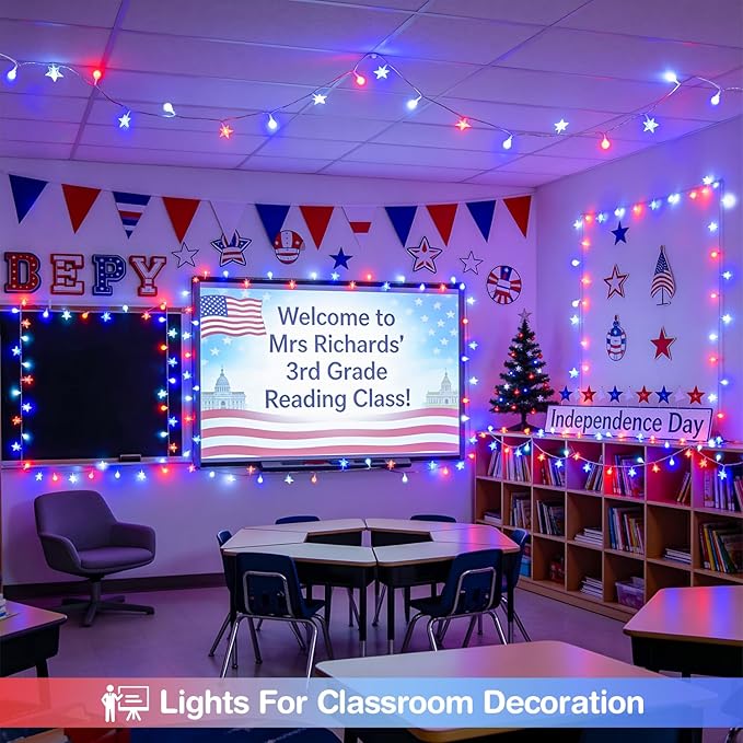 JMEXSUSS Red White and Blue Lights Plug in, 100 LED 33 FT Globe Star String Lights Indoor, USB 4th of July String Lights for Independence Day Patriotic Decoration