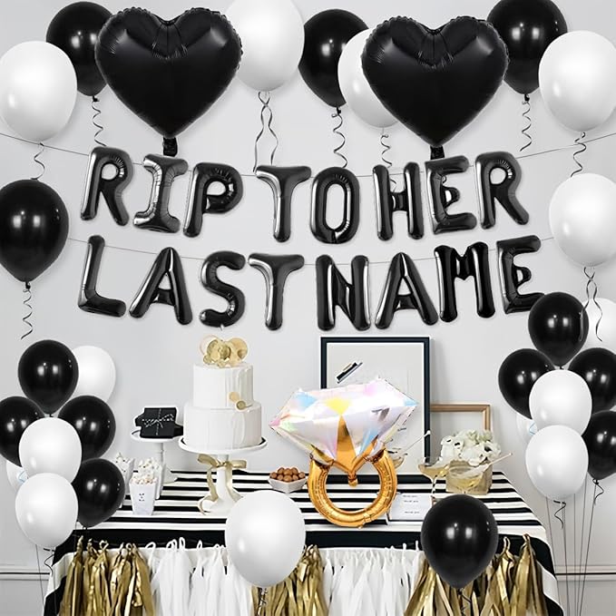 Rip To Her Last Name Balloon Banner Bachelorette Party Decoration, Black Balloons Bridal Shower Party Decor with Balloon for Ring Rip Single Life Bride to be Decor Bride or Die Wedding Engagement