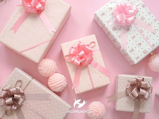 HUIHUANG Pink Bows for Gift Wrapping 12 PCS Pull Bows 4" x 8" Satin Gift Bow for Presents, Gift Basket, Paper Bag, Baby Shower Favors, Wrapping Accessories, Wedding Christmas Decor