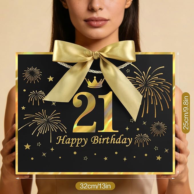 JMANNI Black Gold 21st Birthday Gift Bag with Card and Tissue Paper, 12.6"×9.84"×3.9" Elegant Present Bag for Adults, 21 Year Old Birthday Keepsake Party Supplies