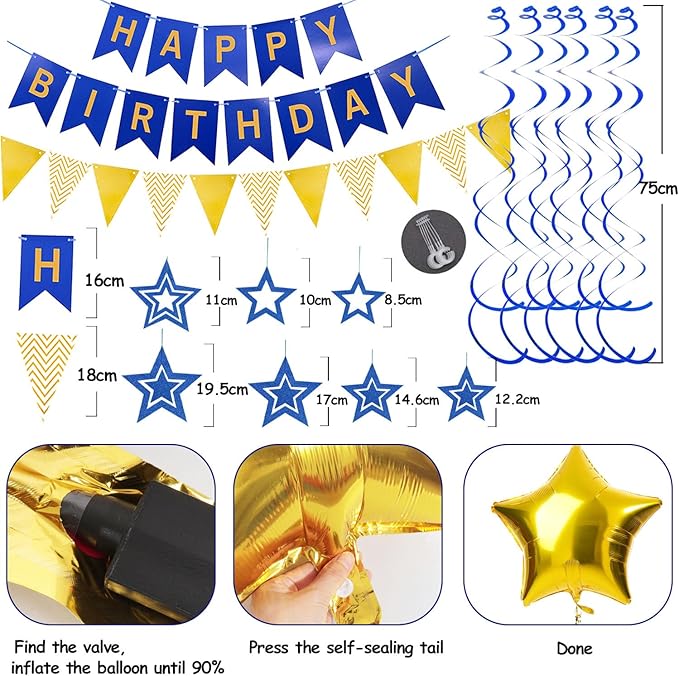 Navy Blue Gold Birthday Decorations, Happy Birthday Banner and Gold Star Balloons, Glitter Hanging Stars with Hanging Swirls, Bunting Banner, for Women Men Boys Party Decoration