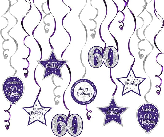 Happy 60th Birthday Purple & Silver Glitter Swirls Streamers Party Decorations - 15 Pcs 60th Birthday Hanging Swirls Streamers Kit,Cheers to Sixty Years Old Bday Party Sign.