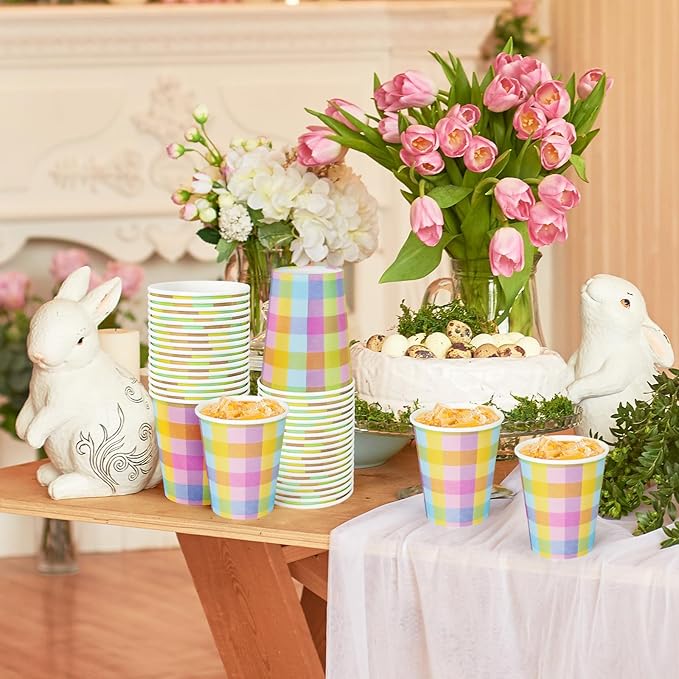 Whaline 50Pcs Easter Paper Cups Buffalo Plaid Disposable Cups Colorful Checkered Drinking Cup for Birthday Baby Shower Party Cold Hot Drinkware Tableware Decor, 9 Oz