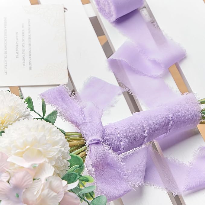 Lavender Chiffon Ribbon 1.5" x 21 Yd Handmade Fringe Silk Chiffon Fabric Ribbon for Gift Wrapping Wedding Invitation Bridal Flower Bouquet DIY Crafts Home Decor