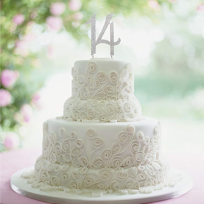 LINGPAR 14 Years Birthday Cake Topper - New Best Crystal Rhinestone 14th Wedding Anniversary Or 14 Years Old Cake Topper Party Decoration Silver