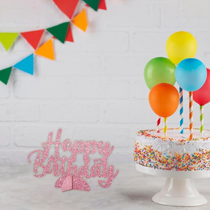 Happy Birthday Table Centerpiece, Pink Glitter Birthday Party Paper Free Standing for Women Men, HBD Script Table Centerpiece for Bday Party Supplies
