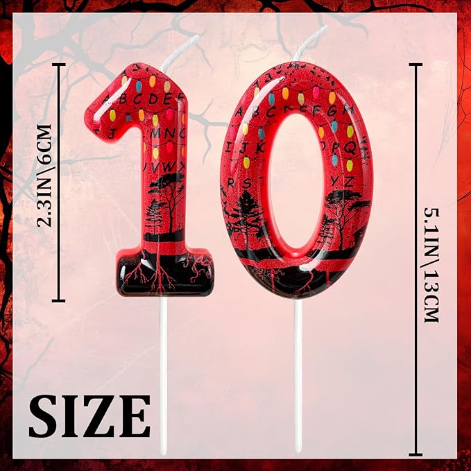 Red Number 10 Birthday Candle for Cake – Dark Horror Style with Alphabet Print & Shadow Design – Unique Cake Topper for Birthday, Anniversary, Themed Party Decoration