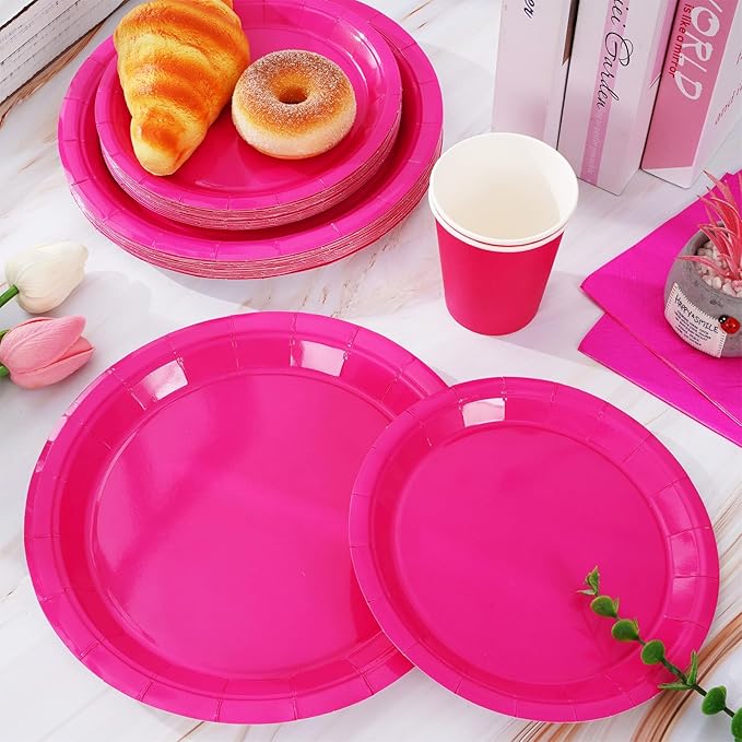 Whaline 100Pcs Hot Pink Pa rty Supplies Set Disposable Party Dinnerware Sets 50Pcs Paper Plates 25Pcs Napkin 25Pcs Cups for Wedding Birthday Party Supplies Table Decorations