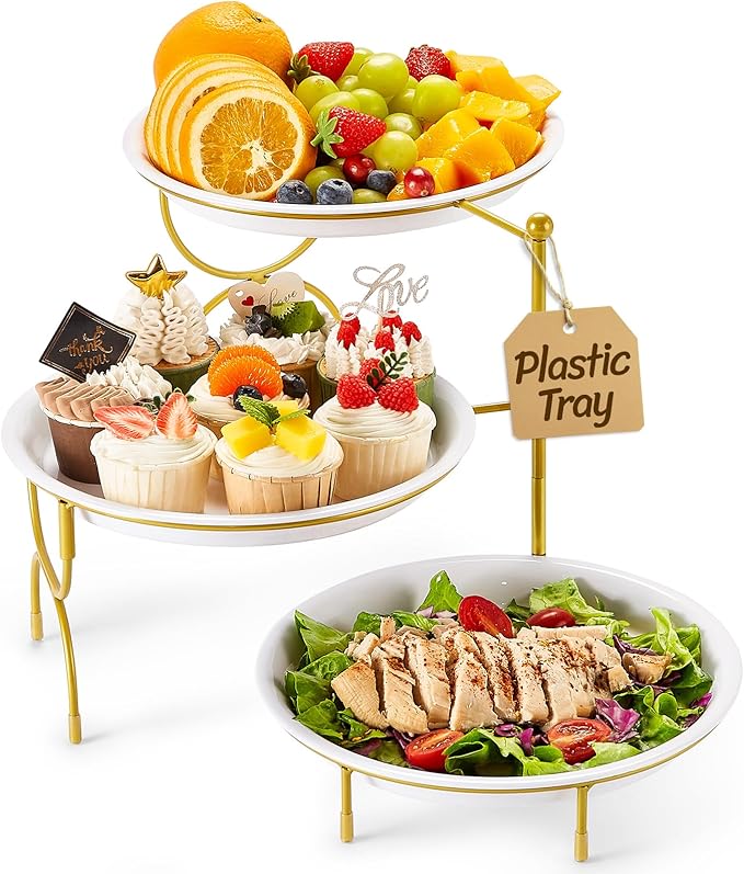 Lifewit Plastic 3 Tier Serving Tray for Party, 25 cm/10" White Reusable Round Serving Platters with Black Collapsible Metal Stand, Decorative Dessert Table Display Set for Veggie, Fruit, Cookies