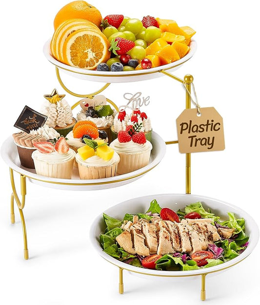 Lifewit Plastic 3 Tier Serving Tray for Party, 25 cm/10" White Reusable Round Serving Platters with Black Collapsible Metal Stand, Decorative Dessert Table Display Set for Veggie, Fruit, Cookies