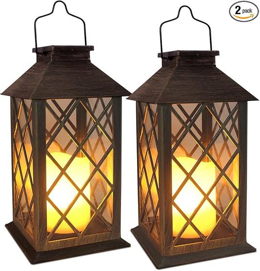 SHYMERY Solar Lanterns, Hanging Outdoor Lantern with Lasts 2X Longer LED Flickering Flameless Candles, Waterproof Outdoor Garden Lanterns Decorative for Patio, Porch,Deck, Yard, Table Decor 2 Pack