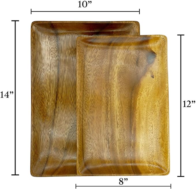 Acacia Wood Dinner Serving Tray Set of 2 – Size: Lg 14" x 10", Med 12" x 8", Richly Grained, Decorative Coffee Table, Ottoman, Food, Drink, Breakfast, Appetizer, Candle Display Trays, Joint-Free