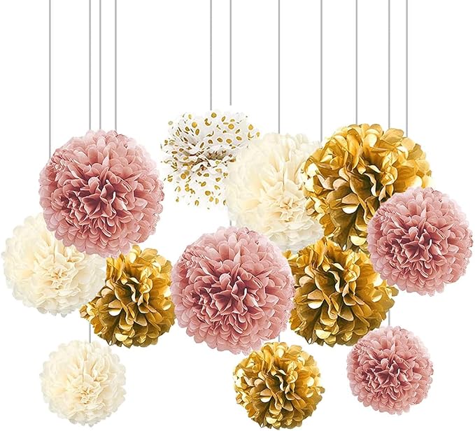 XIKSXITN 12 pc Gold Gradient Tissue Paper Pompoms-Hanging Gold Dot White Paper Pom Poms Paper Flowers Ball for Party Decorative(8&10&12 inch)