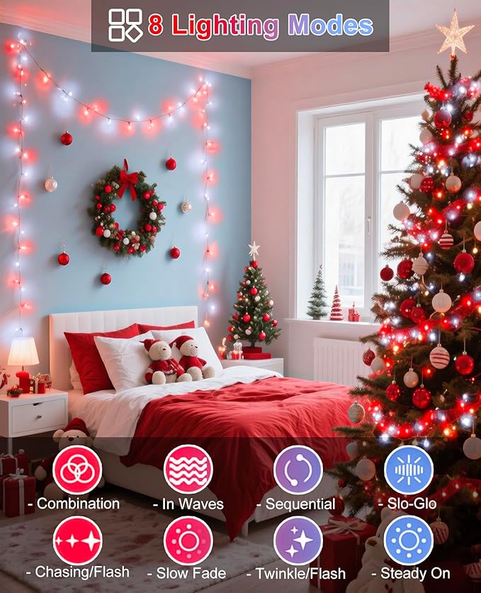 40FT 120 LED Christmas Lights Outdoor, Red and White Christmas String Lights Waterproof, 8 Modes & Timer, Connectable Christmas Tree Lights for Indoor House Patio Xmas Holiday Decorations