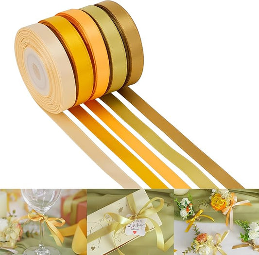HUIHUANG Thin Satin Ribbon 3/8 inch - 5 Rolls Total 50 Yards Assortment Champagne, Golden Yellow, Vegas Gold & Pale Gold for Gift Wrapping, Craft & Decorations