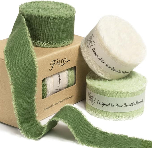 Green Cotton Ribbon 1 Inch Sage, Moss & Ivory 3 Rolls 21 Yards Frayed Edge Fabric Set for Boho Rustic Wedding Invitations, Bridal Bouquets, Gift Wrapping, DIY Crafts, Spring Home Decor