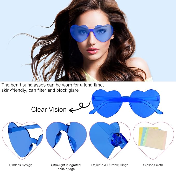 NACHLYNN 12 Pairs Blue Heart Sunglasses for Women Rimless Heart Shaped Sunglasses Candy Color Glasses for Party Favors