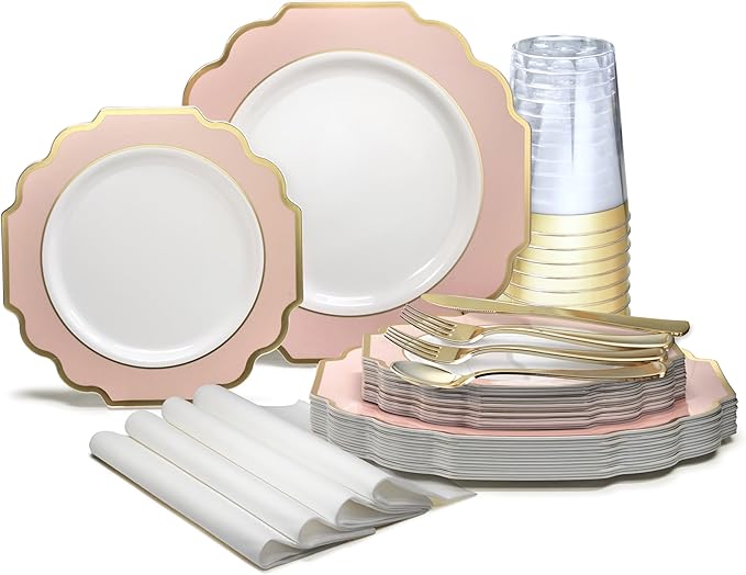 " OCCASIONS " 640 Piece set (80 Guests)-Heavyweight Wedding Party Disposable Plastic Plate Set - 80 x 10.5'' + 80 x 8'' + Silverware + Cups + Napkins (Imperial in Blush Pink & Gold)