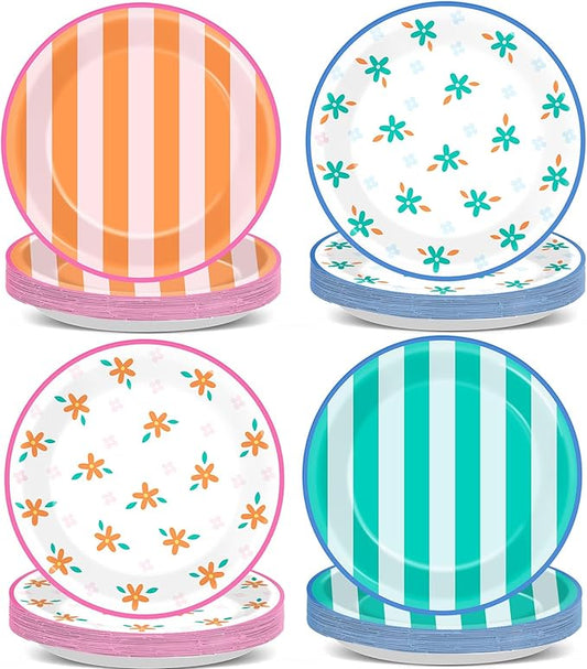 48 Pcs Italian Summer Paper Plates 7'' Floral Theme Birthday Party Supplies Green Orange Flower Striped Disposable Dessert Dinner Plates Tableware for Women Girl Birthday Baby Shower Party Decoration