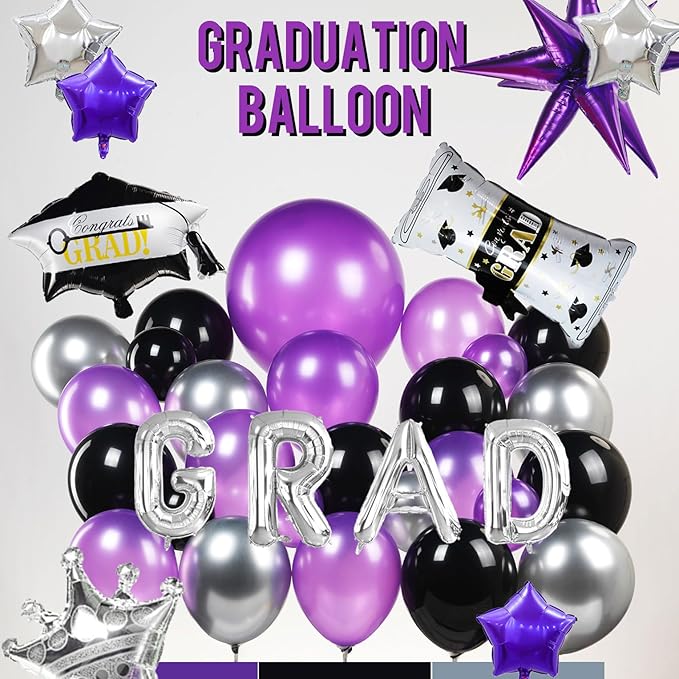 Black dark purple and silver Balloon Garland Arch Kit 130Pcs with dark purple and Silver Stars Graduation Certificate Graduation Cap crown GRAD Letters Mylar Balloons for 2025 Prom kpop Decorations