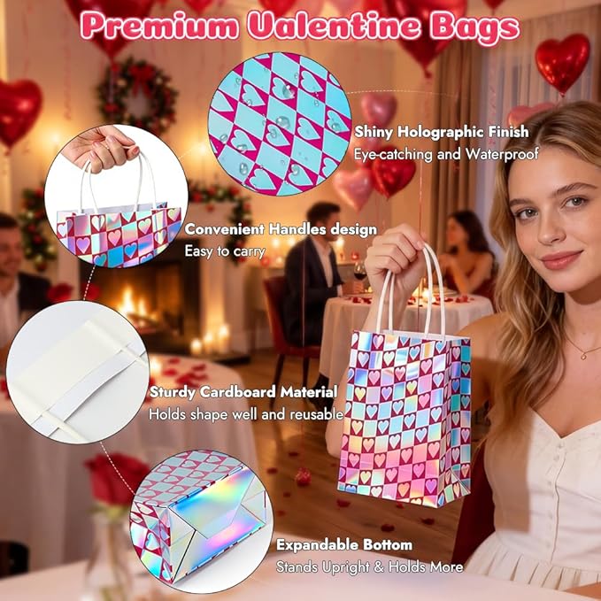 Shintop 24Pcs Iridescent Gift Bags with Handles, Small Holographic Mothers Day Goodie Bags Reusable Paper Party Favor Pouches Bulk for Valentine & Birthday Parties (8.3 x 5.9 x 3.1 in)