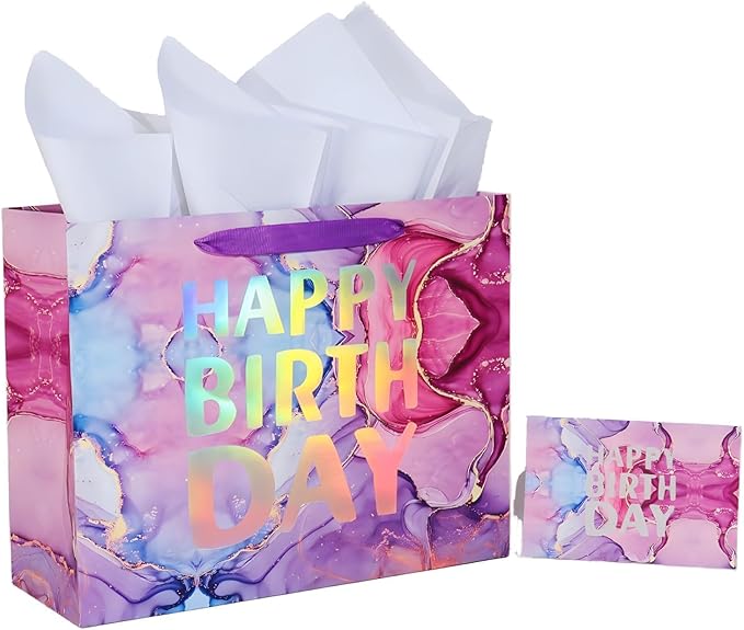 PARNOG 13" Large Happy Birthday Gift Bag with Tissue Paper and Card for Girls Kids Women Birthday