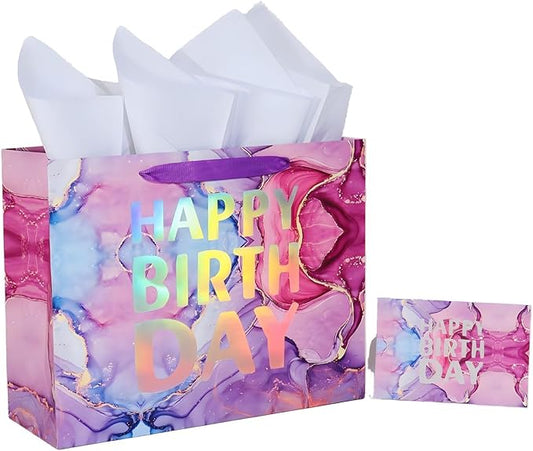 PARNOG 13" Large Happy Birthday Gift Bag with Tissue Paper and Card for Girls Kids Women Birthday